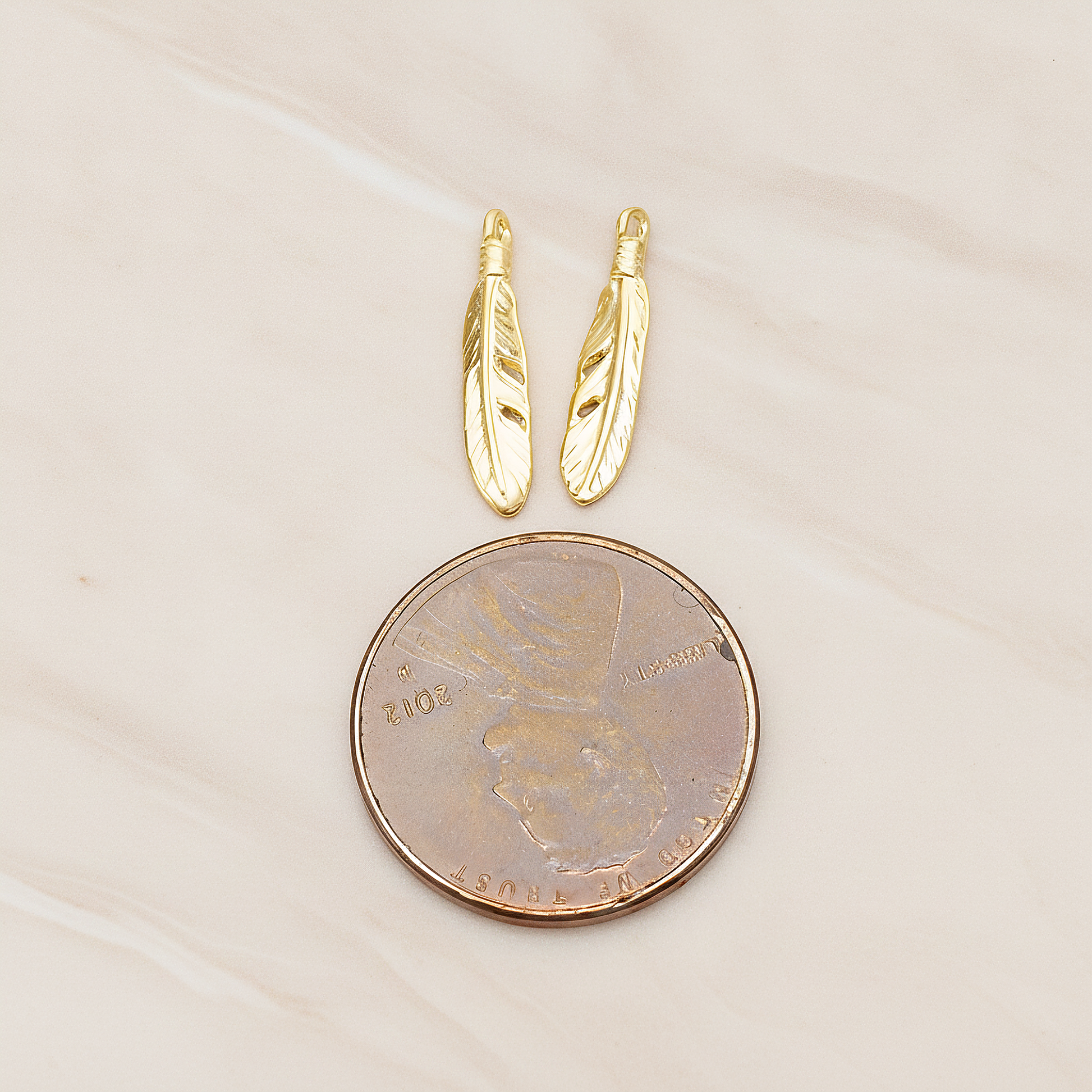 Round Edge Mini Feather Dream Catcher Feather Pendant, 2 Pc on warm marble background (PD.1373)