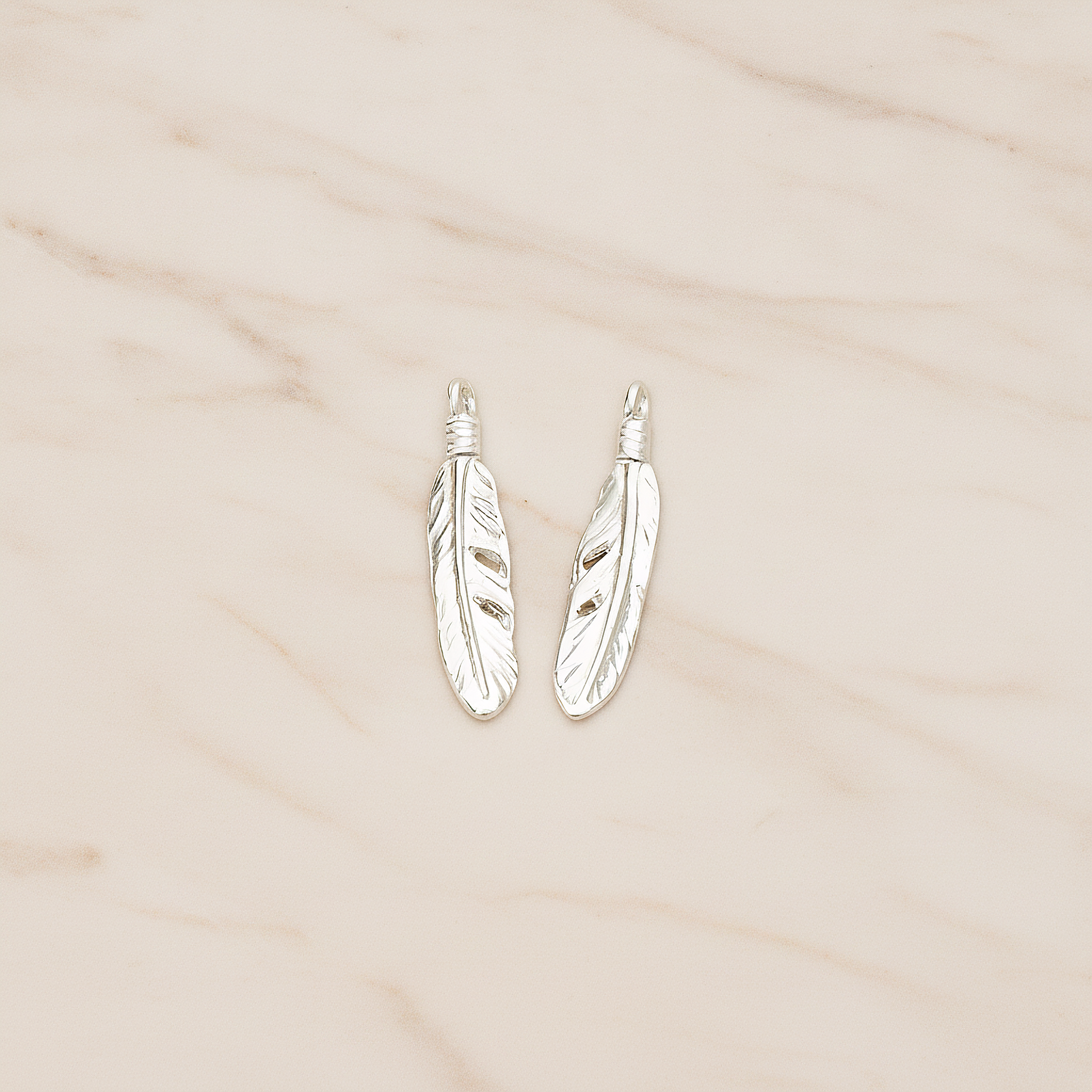 Round Edge Mini Feather Dream Catcher Feather Pendant, 2 Pc on warm marble background (PD.1373)
