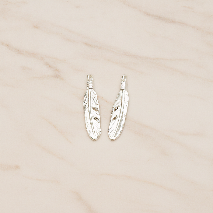 Round Edge Mini Feather Dream Catcher Feather Pendant, 2 Pc on warm marble background (PD.1373)
