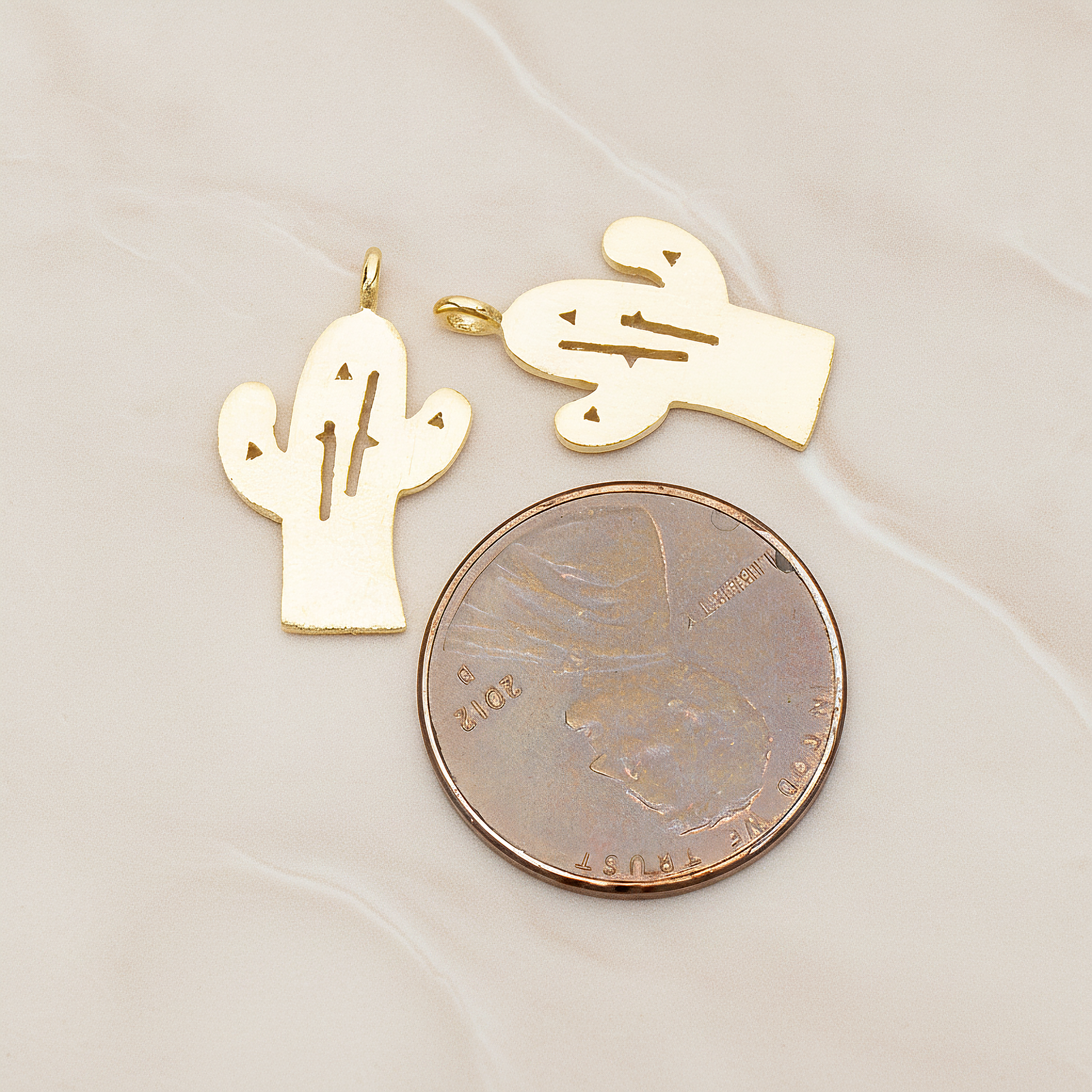 Brushed Finish Textured Desert Cactus Pendant, 2 Pc on warm marble background (PD.1384)