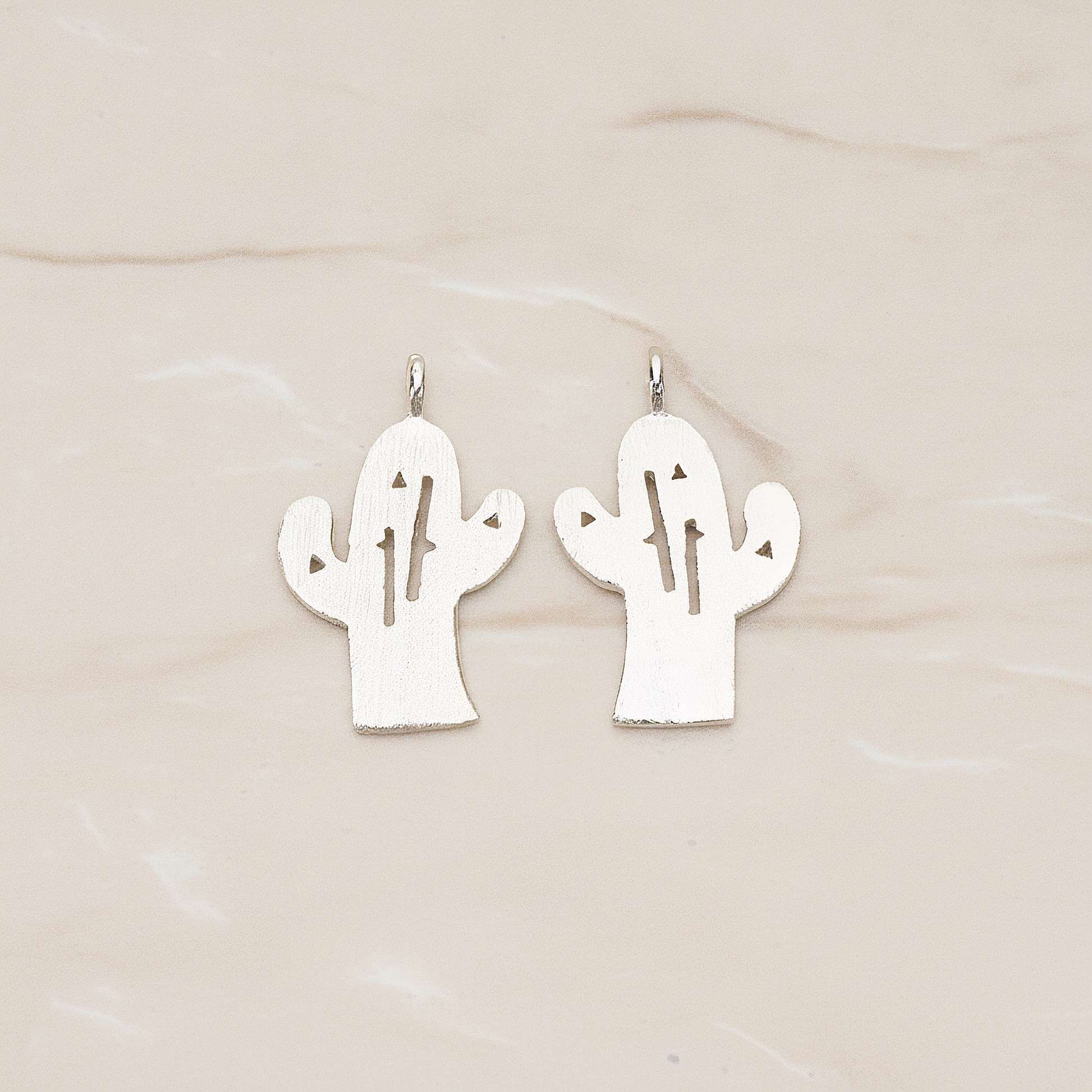 Brushed Finish Textured Desert Cactus Pendant, 2 Pc on warm marble background (PD.1384)