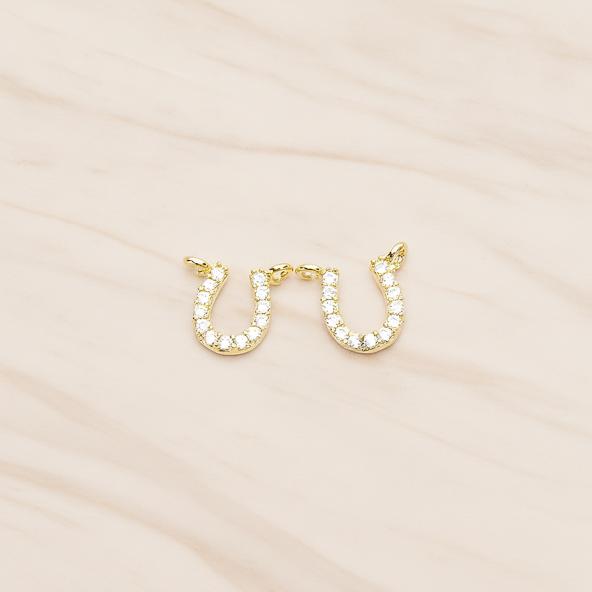 Rhinestones Cubic Zirconia Horse Shoe Double Loops Charm Pendant, 2 Pc on warm marble background (PD.1415)