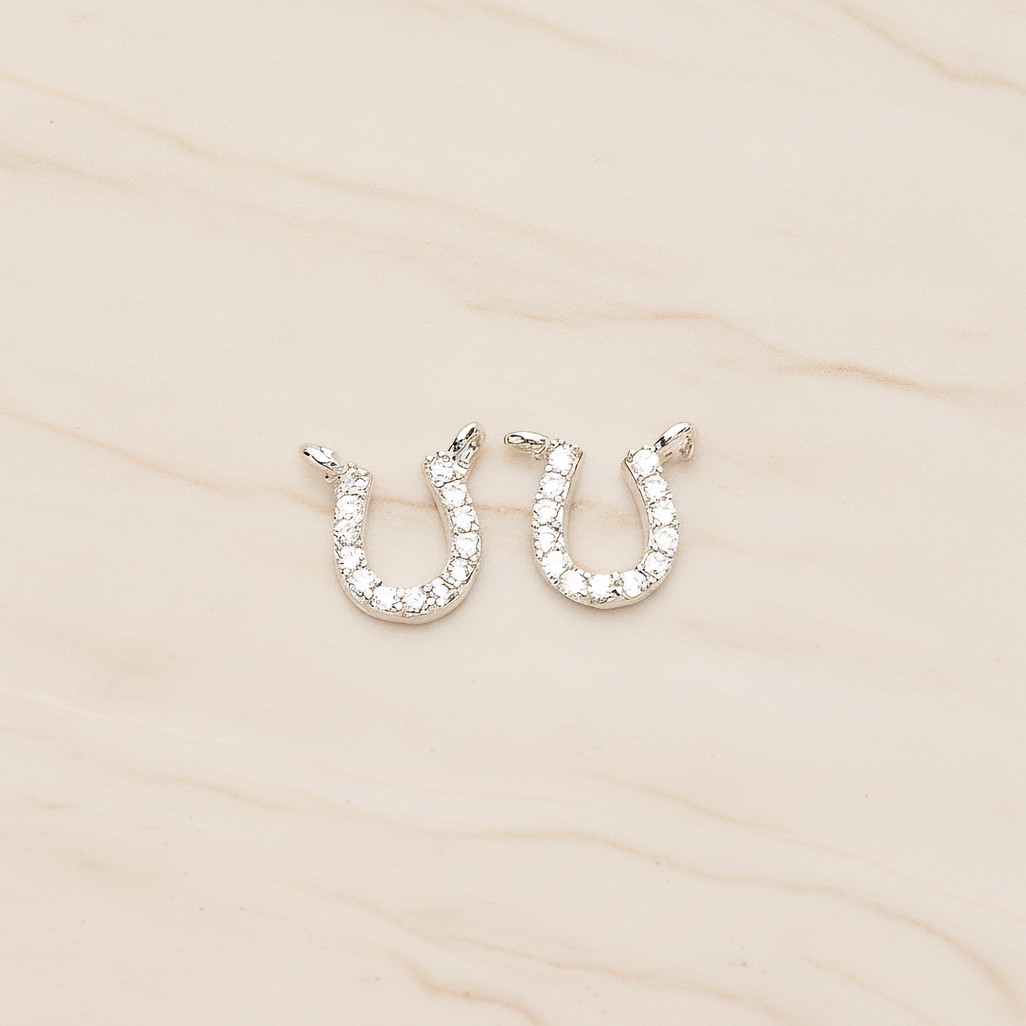 Rhinestones Cubic Zirconia Horse Shoe Double Loops Charm Pendant, 2 Pc on warm marble background (PD.1415)