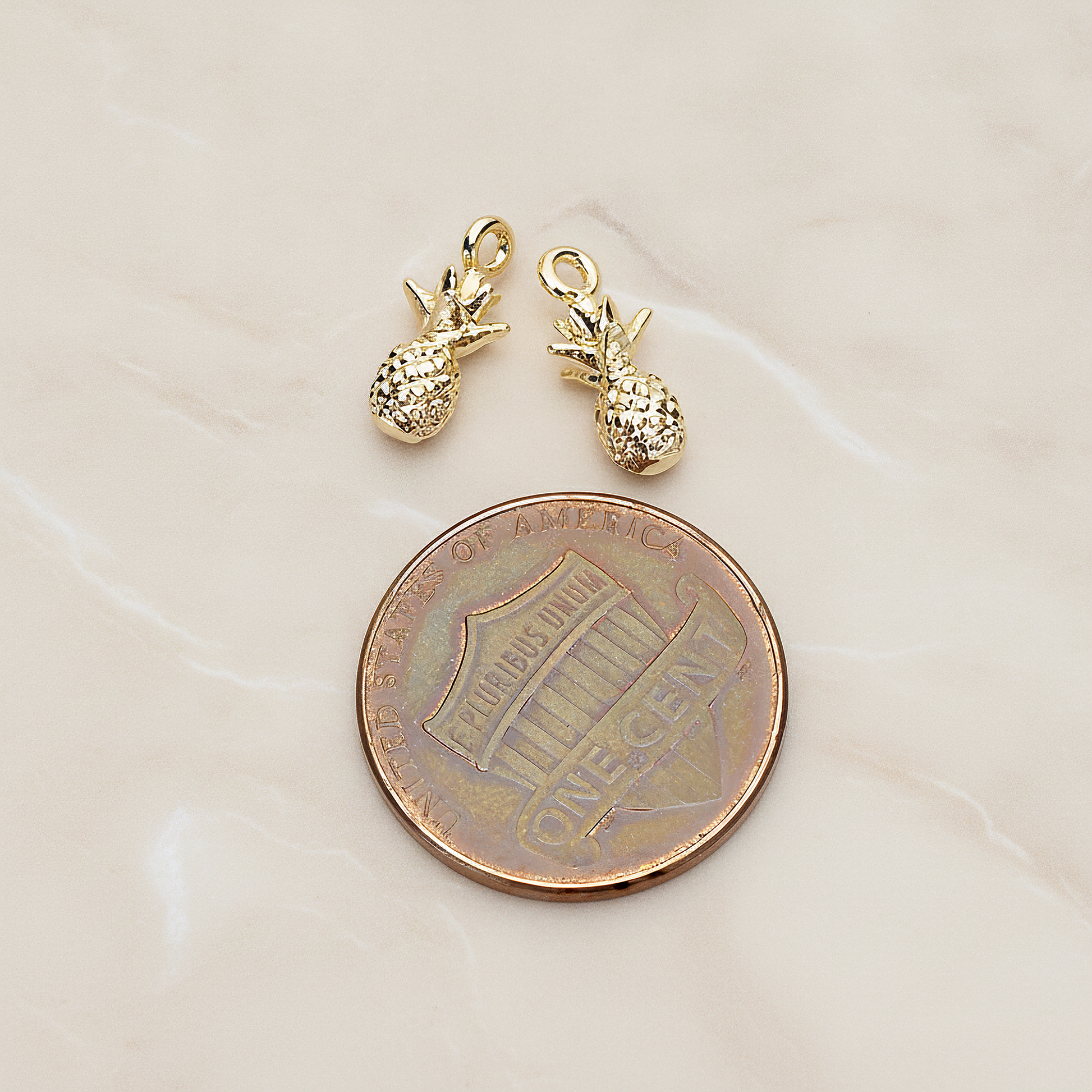 3D Realistic Baby Pineapple Charm Pendant, 2 Pc on warm marble background (PD.1461)