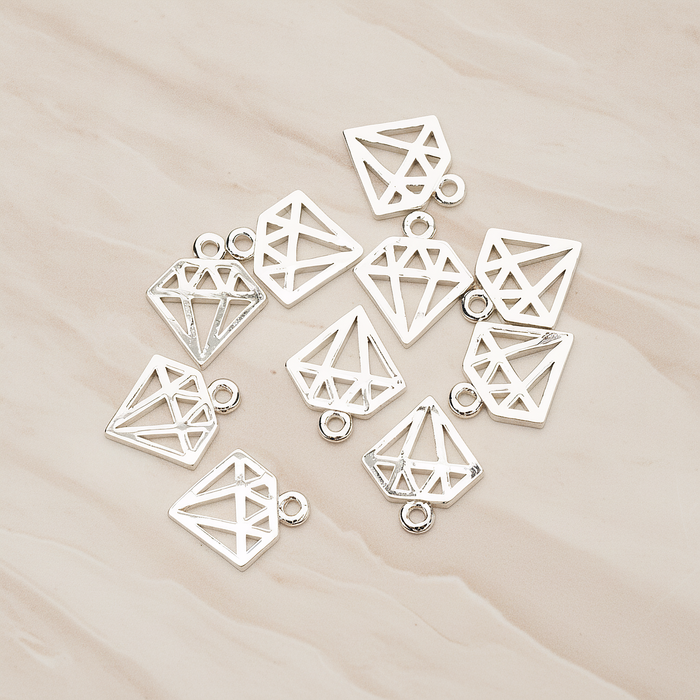 Simple Drawing Diamond Precious Gem Stone Link Charm Pendant, 2 Pc on warm marble background (PD.1482)