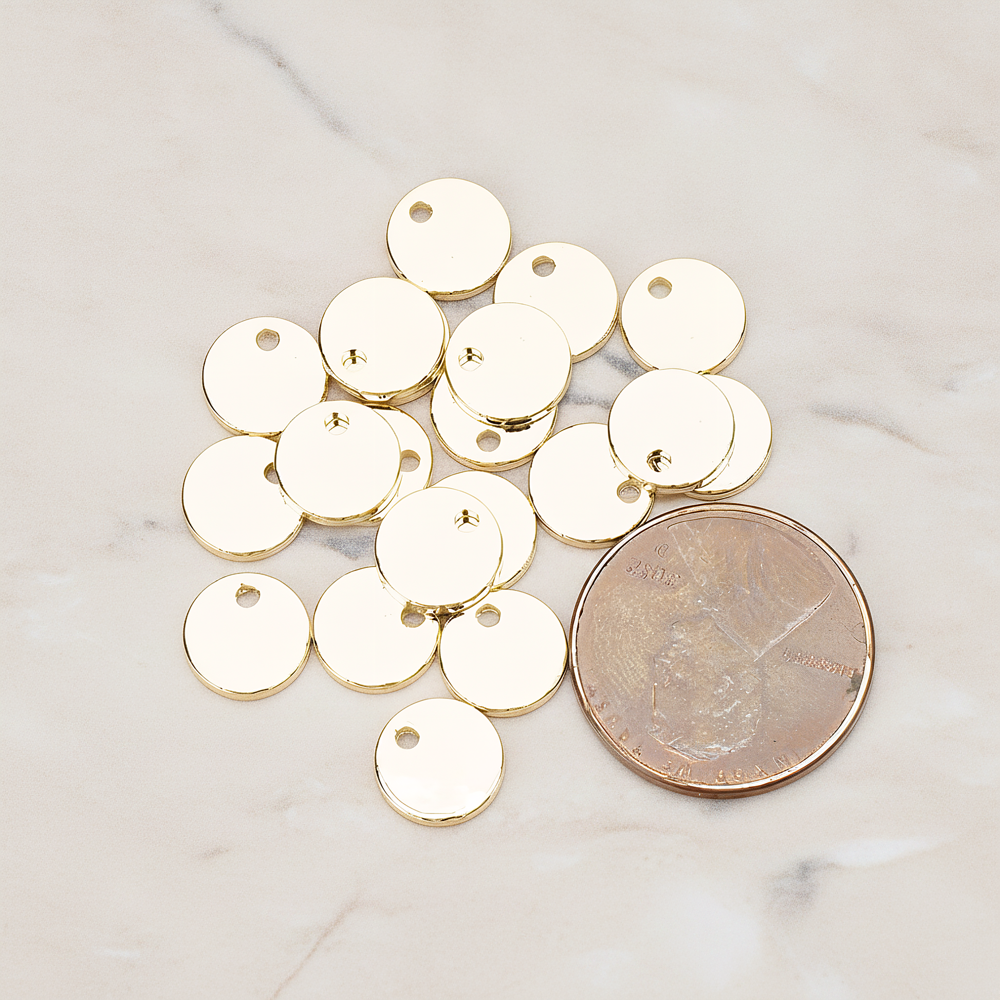 Simple Geometric 8mm Round Coin Tag Charm Pendant, 4 Pc on warm marble background (PD.1483)