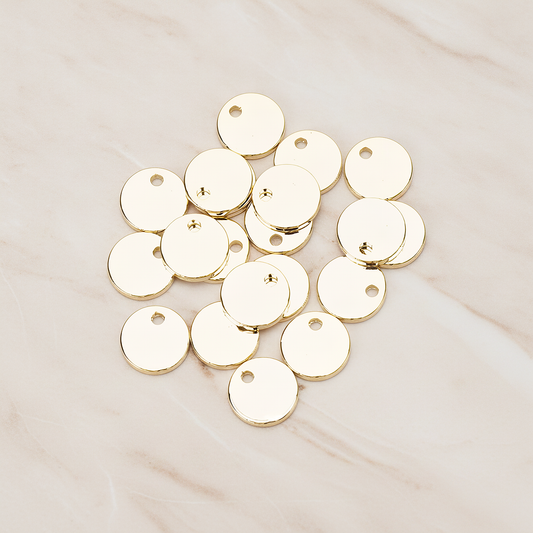 Simple Geometric 8mm Round Coin Tag Charm Pendant, 4 Pc on warm marble background (PD.1483)