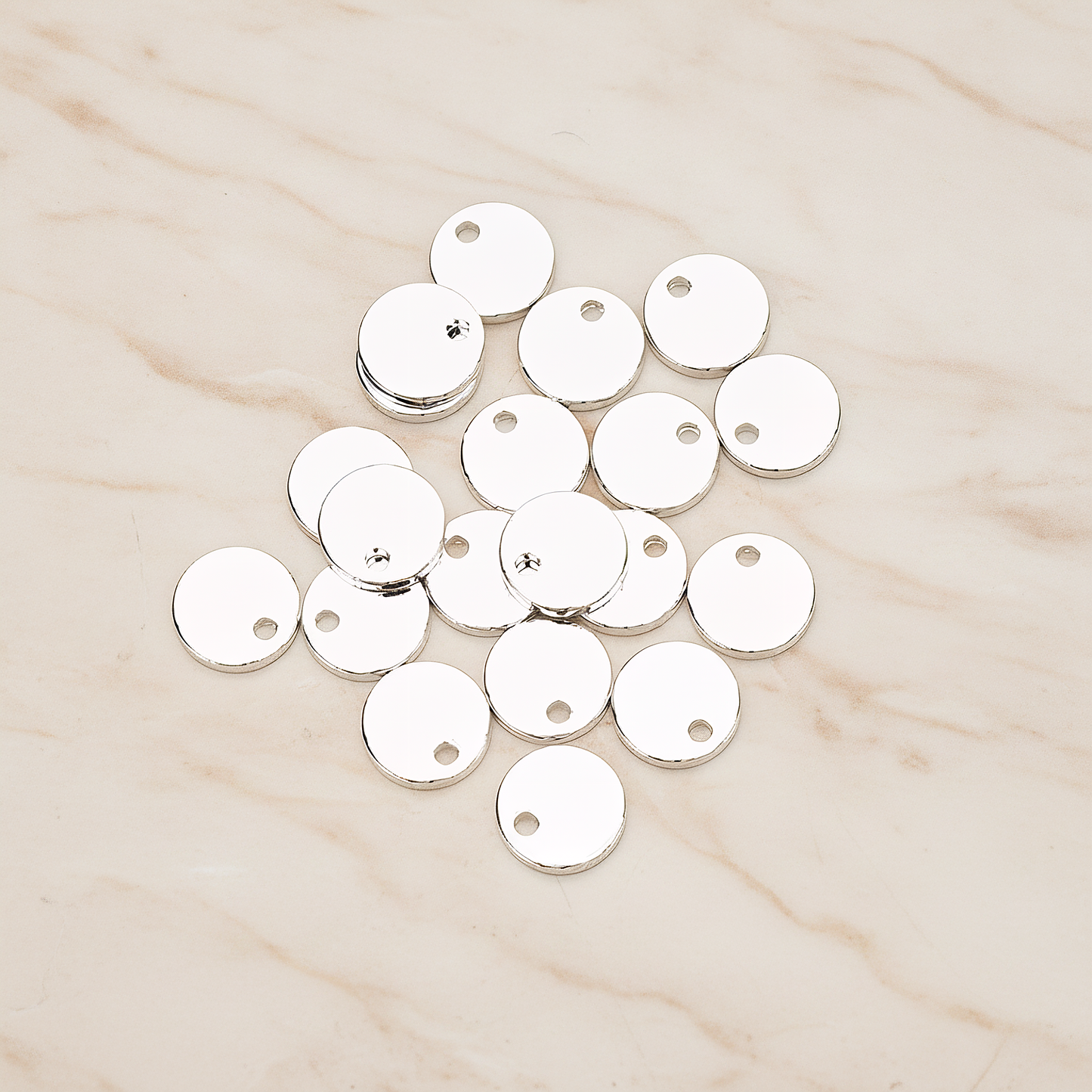 Simple Geometric 8mm Round Coin Tag Charm Pendant, 4 Pc on warm marble background (PD.1483)