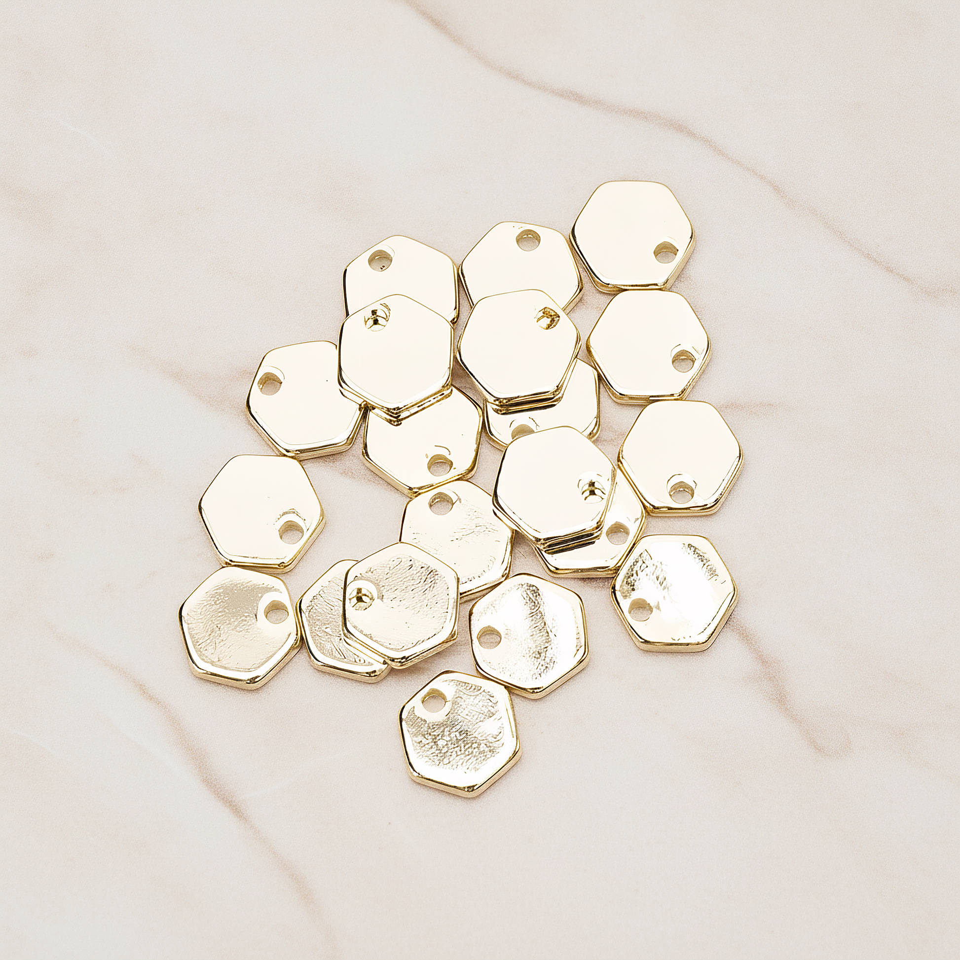 Simple Geometric 8mm Hexagon Coin Tag Charm Pendant, 4 Pc on warm marble background (PD.1484)
