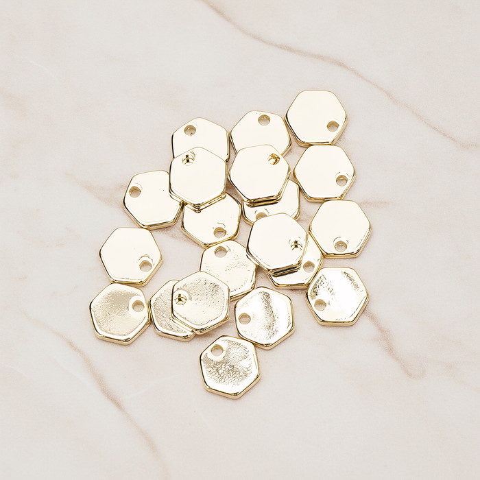Simple Geometric 8mm Hexagon Coin Tag Charm Pendant, 4 Pc on warm marble background (PD.1484)