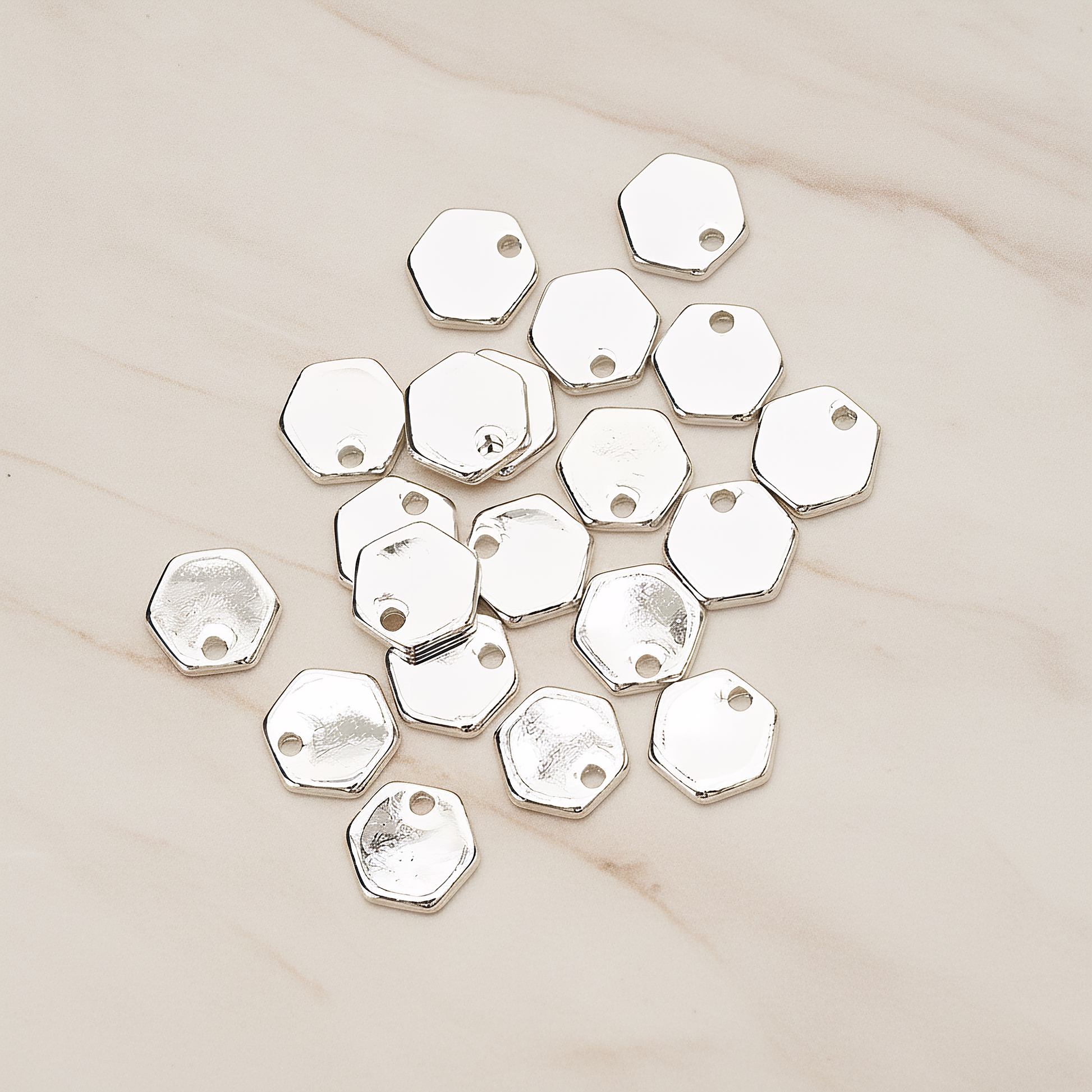 Simple Geometric 8mm Hexagon Coin Tag Charm Pendant, 4 Pc on warm marble background (PD.1484)