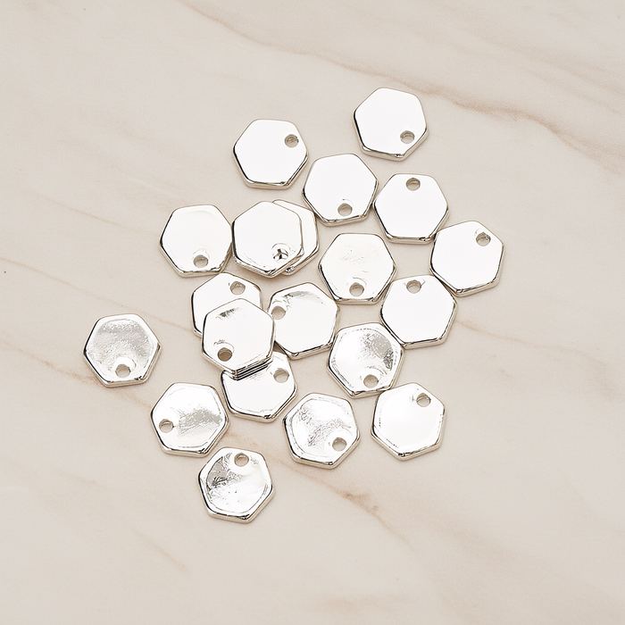 Simple Geometric 8mm Hexagon Coin Tag Charm Pendant, 4 Pc on warm marble background (PD.1484)