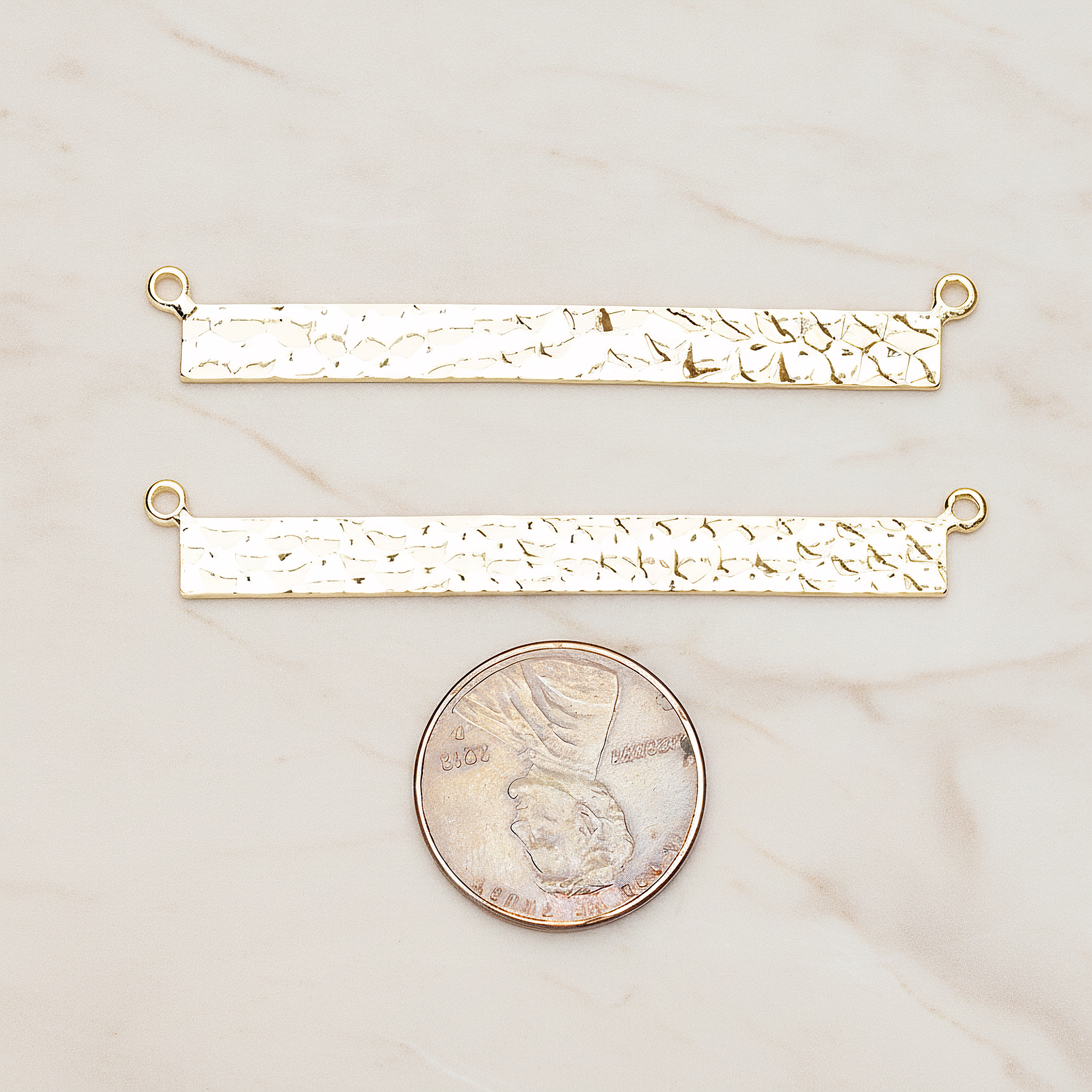 Simple Long Rectangle Hammered Bar Double Loop Connector, 2 Pc on warm marble background (PD.1490-02)