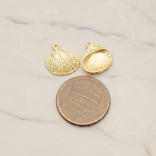 Realistic Metal Seashell Small Fan Clam Shell Pendant, 2 Pc on warm marble background (PD.1507)