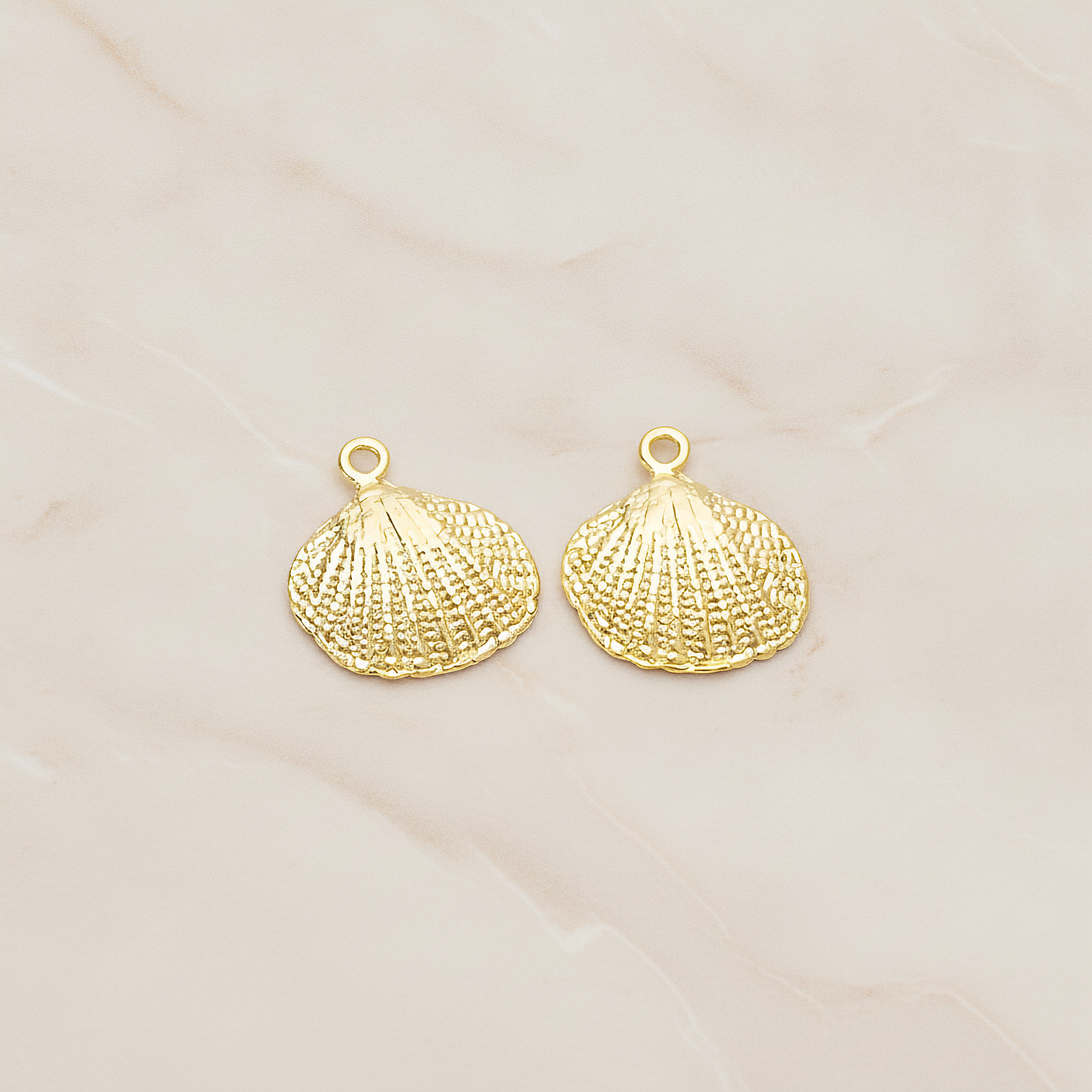 Realistic Metal Seashell Small Fan Clam Shell Pendant, 2 Pc on warm marble background (PD.1507)