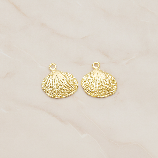 Realistic Metal Seashell Small Fan Clam Shell Pendant, 2 Pc on warm marble background (PD.1507)