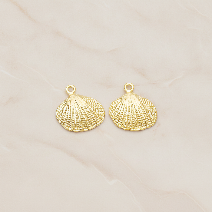 Realistic Metal Seashell Small Fan Clam Shell Pendant, 2 Pc on warm marble background (PD.1507)