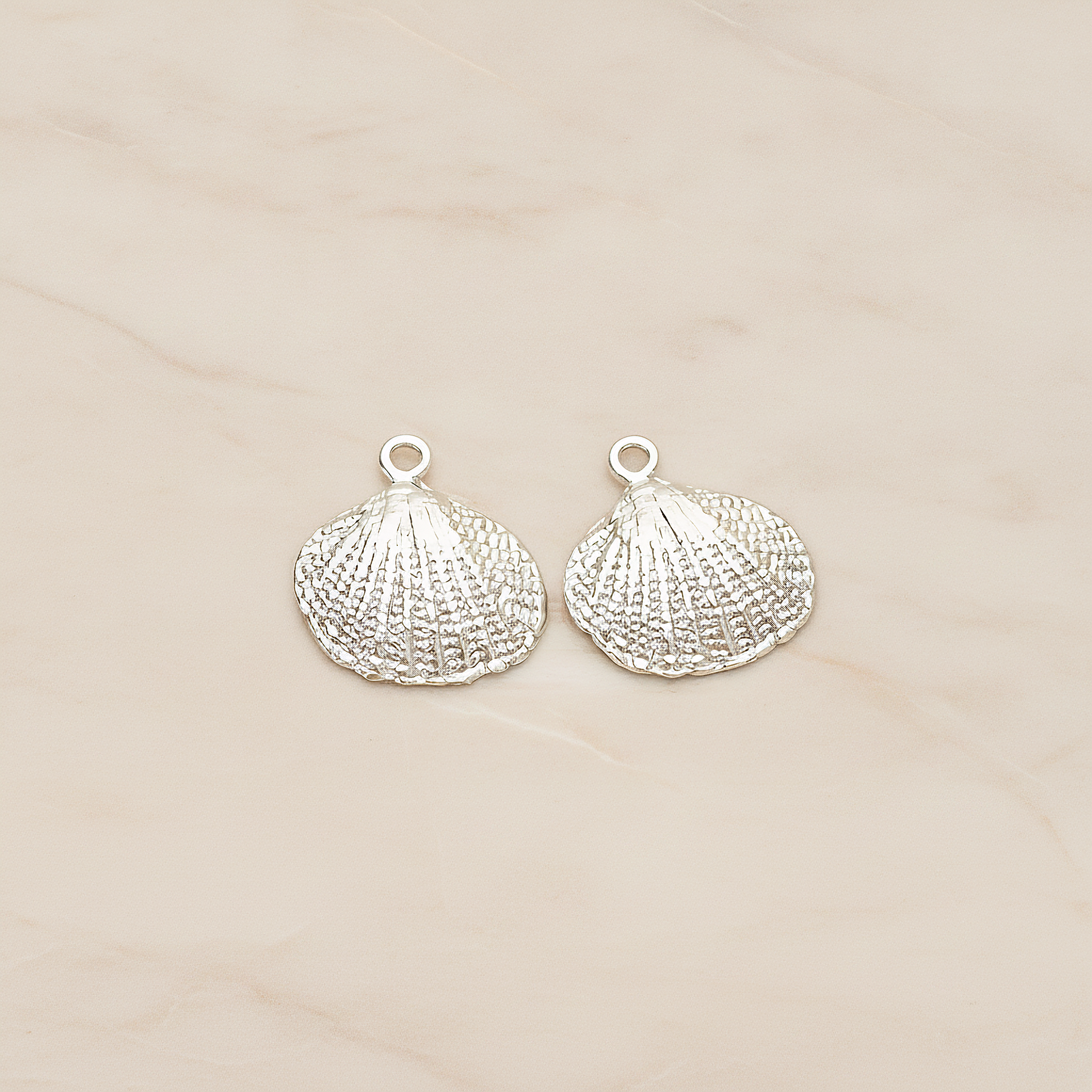 Realistic Metal Seashell Small Fan Clam Shell Pendant, 2 Pc on warm marble background (PD.1507)