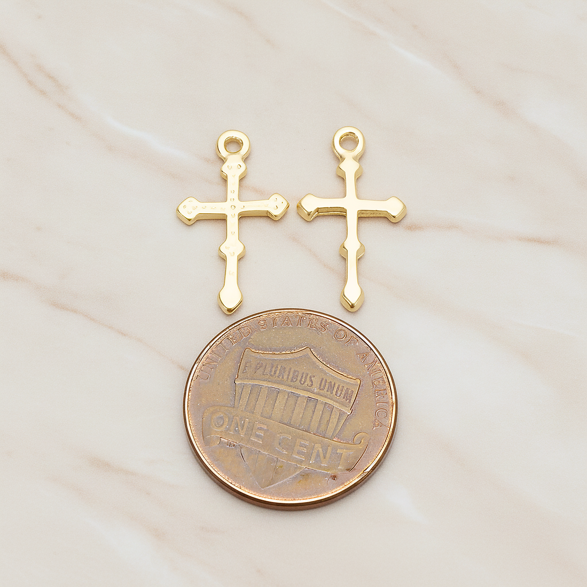 Simple Gothic Cross Charm Pendant, 2 Pc on warm marble background (PD.1515)