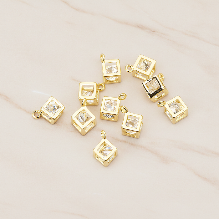 3D Square Cube Cubic Zircon CZ Inside Charm Pendant, 2 Pc on warm marble background (PD.1548)