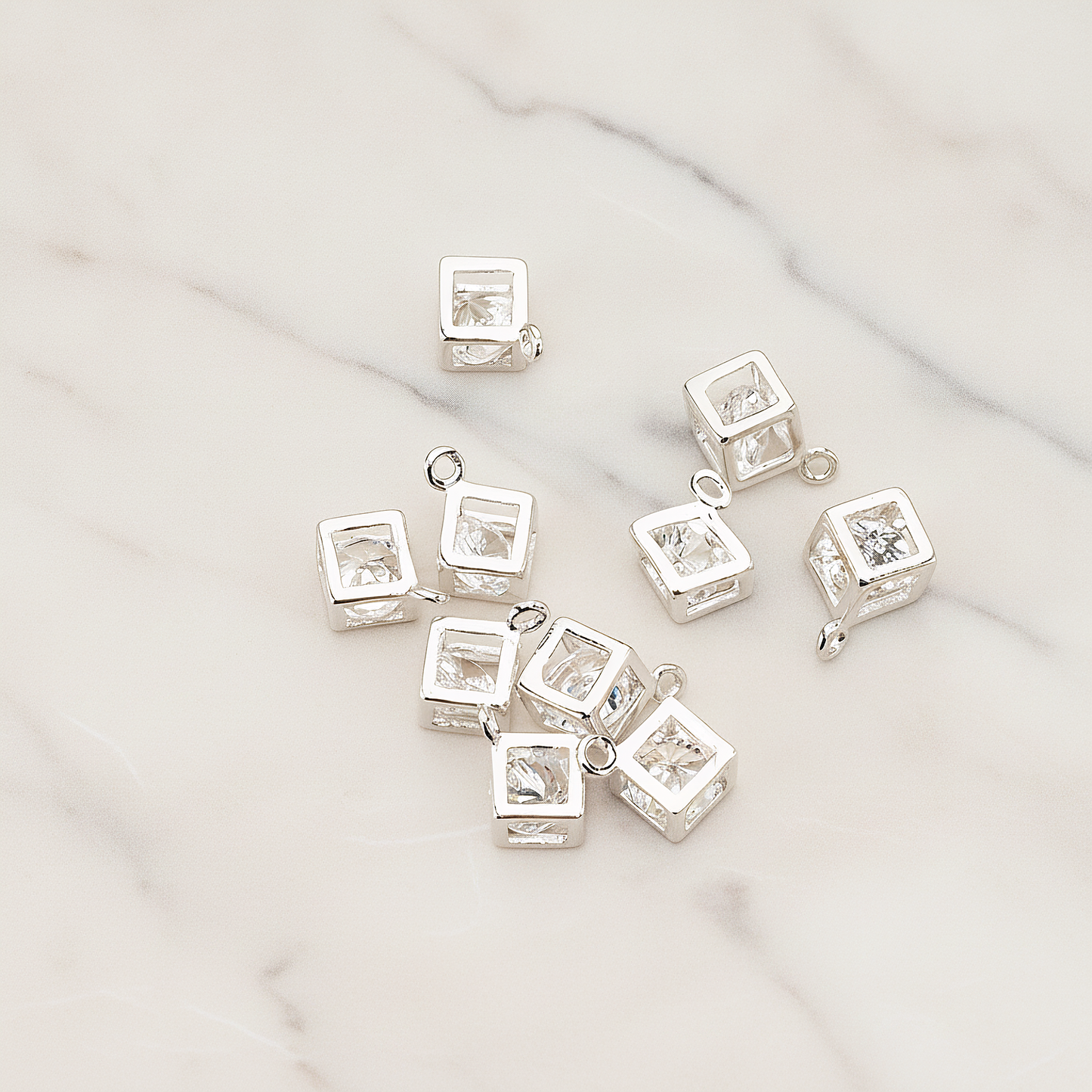 3D Square Cube Cubic Zircon CZ Inside Charm Pendant, 2 Pc on warm marble background (PD.1548)