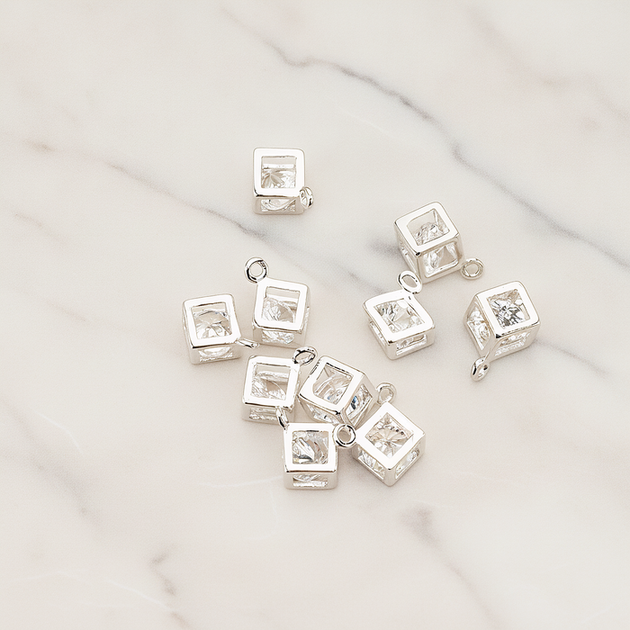 3D Square Cube Cubic Zircon CZ Inside Charm Pendant, 2 Pc on warm marble background (PD.1548)