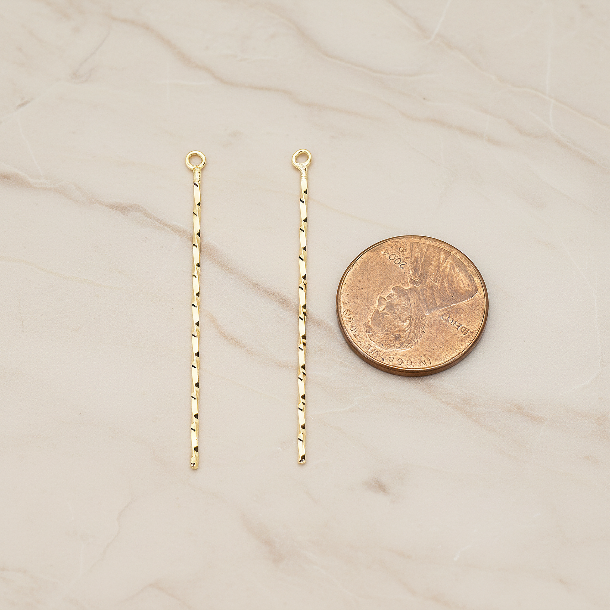 Thin Long Twisted Bar Charm 42mm Pendant, 2 Pc on warm marble background (PD.1571-02)