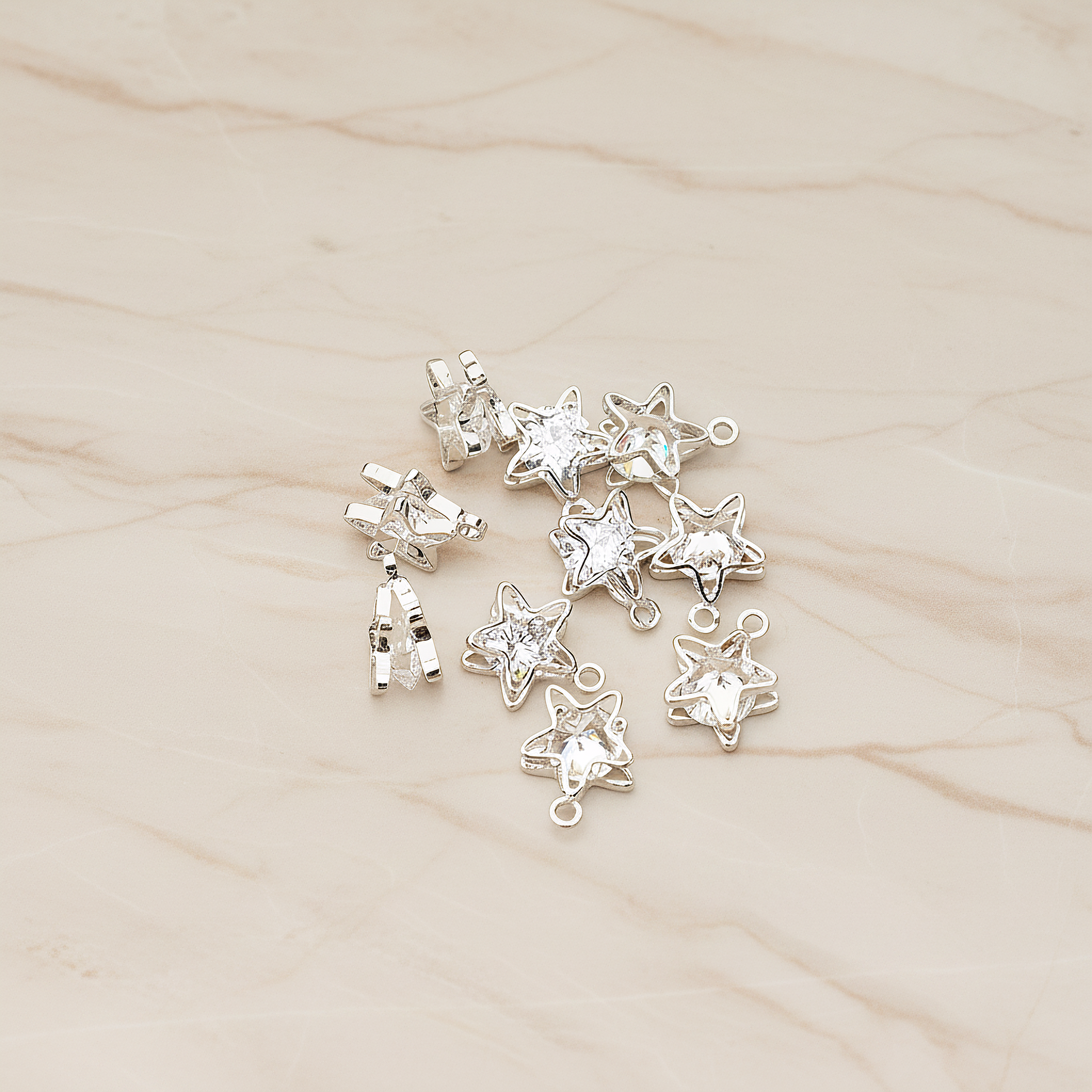 Double Star Sandwitch Framed Cubic Ziconia Charm Pendant, 2 Pc on warm marble background (PD.1576-01)