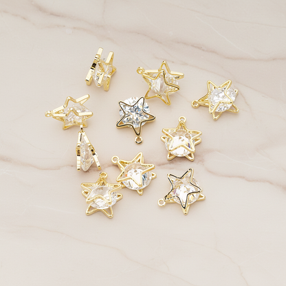 Double Star Sandwitch Framed Large Cubic Ziconia Charm Pendant, 2 Pc on warm marble background (PD.1576-02)