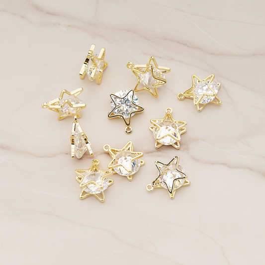 Double Star Sandwitch Framed Large Cubic Ziconia Charm Pendant, 2 Pc on warm marble background (PD.1576-02)