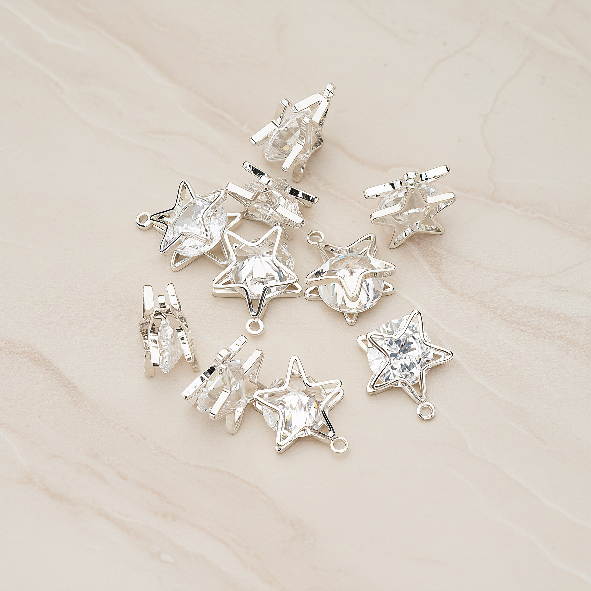 Double Star Sandwitch Framed Large Cubic Ziconia Charm Pendant, 2 Pc on warm marble background (PD.1576-02)