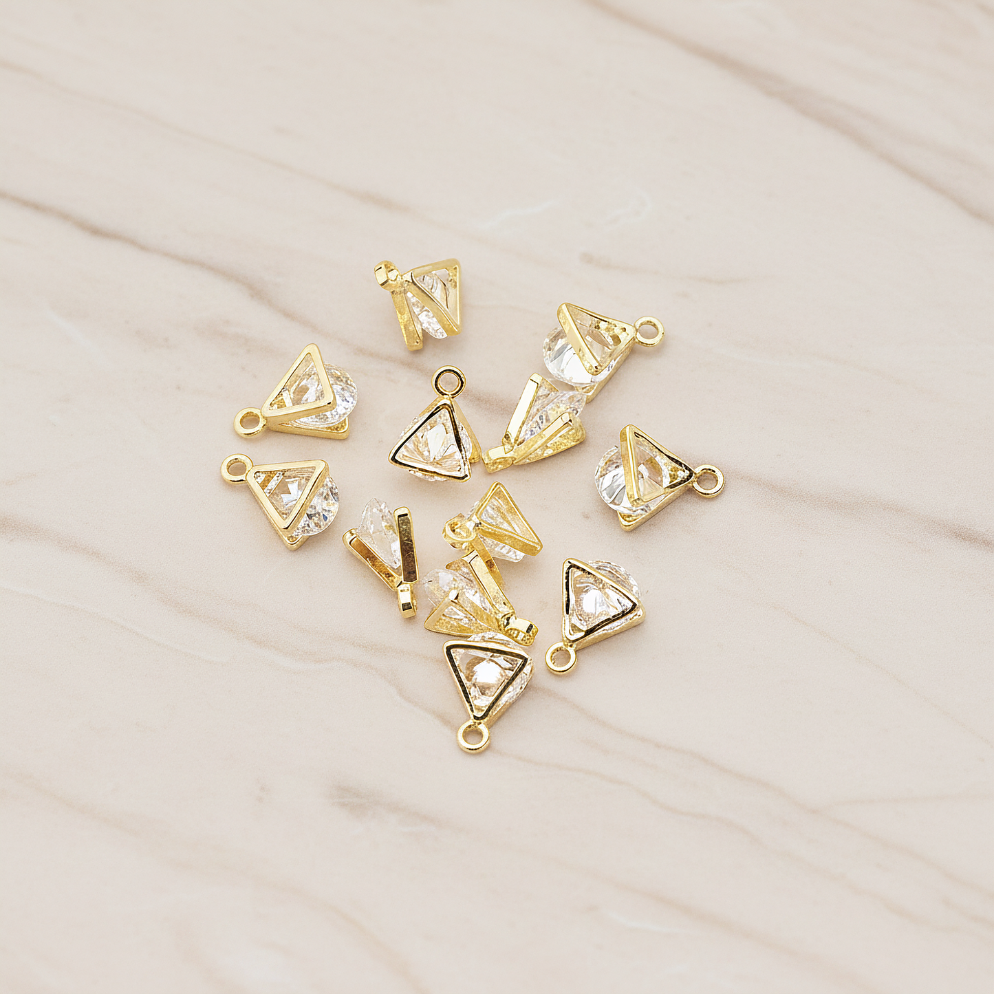 Double Triangle Sandwitch Framed Cubic Ziconia Charm Pendant, 2 Pc on warm marble background (PD.1577-01)