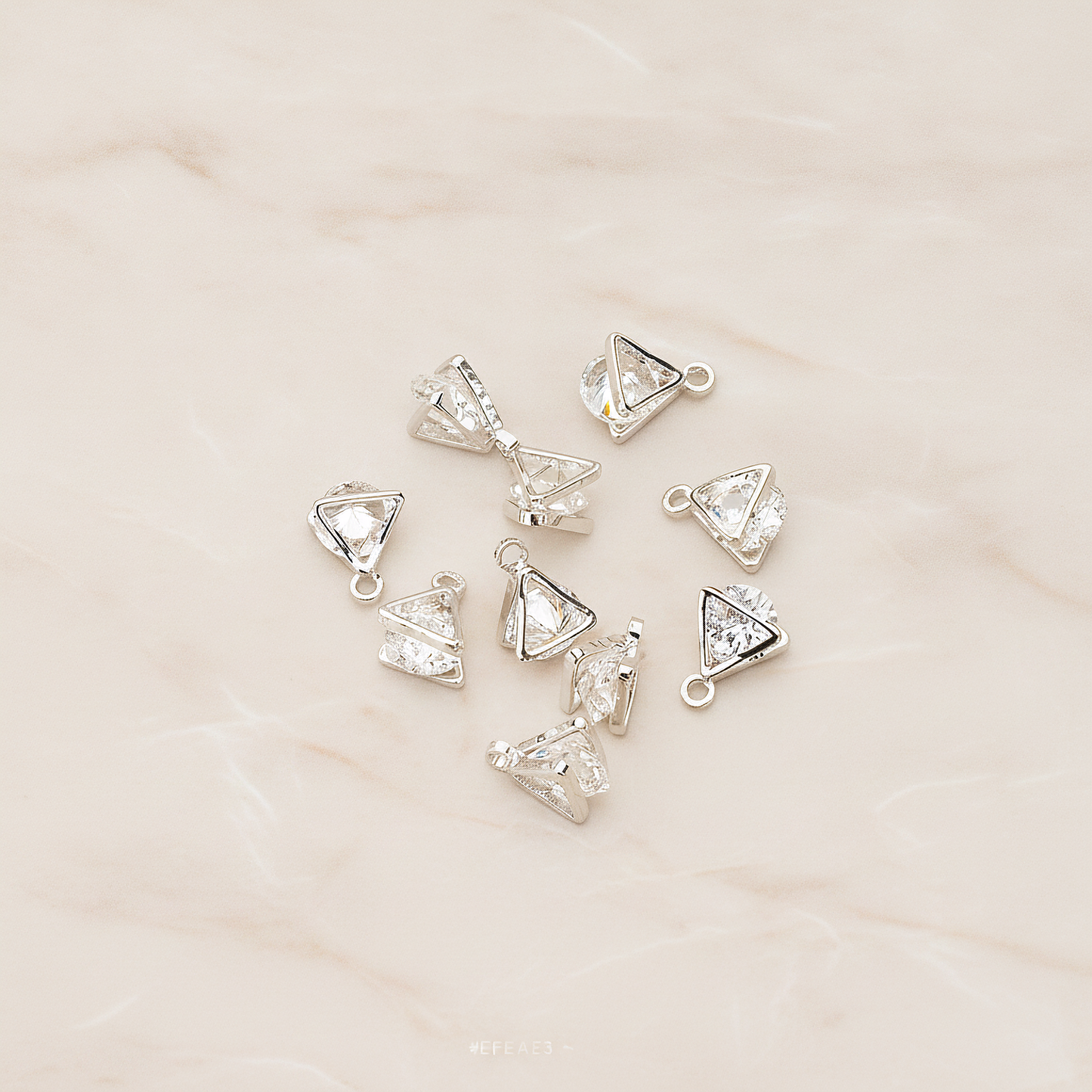 Double Triangle Sandwitch Framed Cubic Ziconia Charm Pendant, 2 Pc on warm marble background (PD.1577-01)
