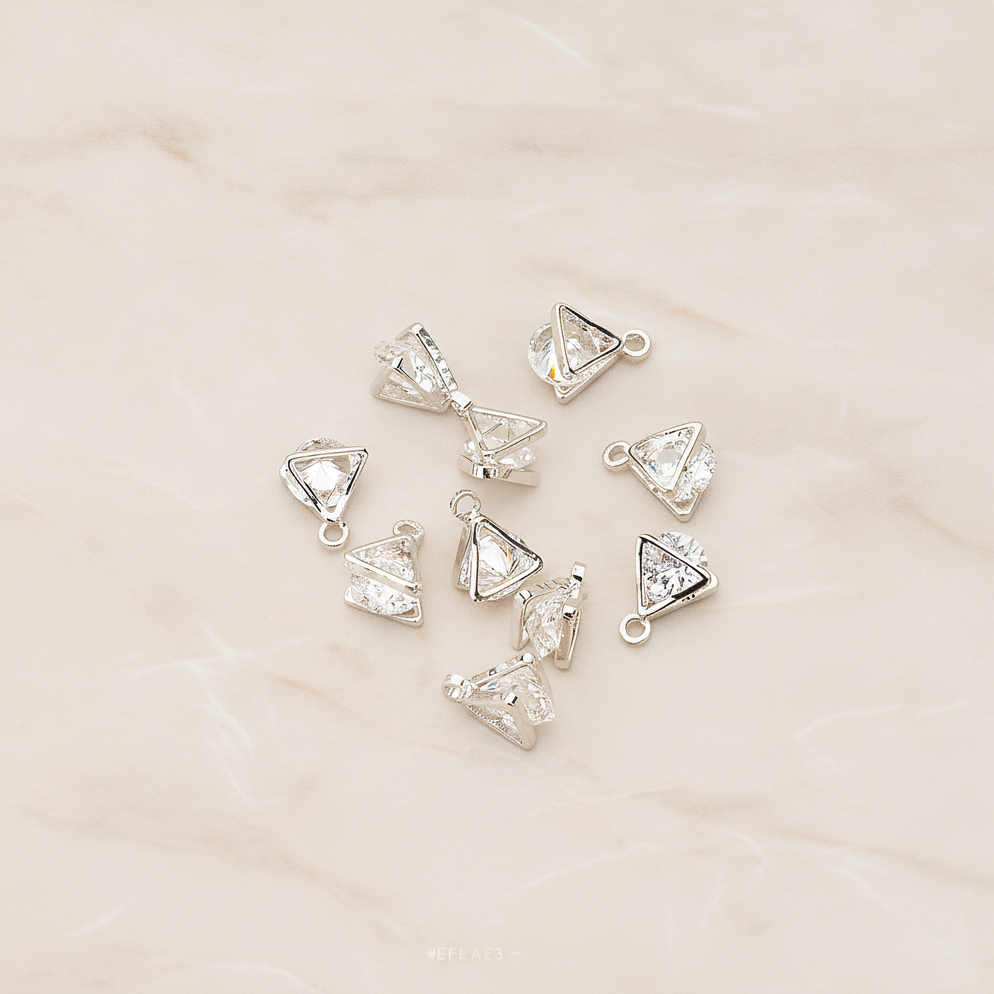 Double Triangle Sandwitch Framed Cubic Ziconia Charm Pendant, 2 Pc on warm marble background (PD.1577-01)