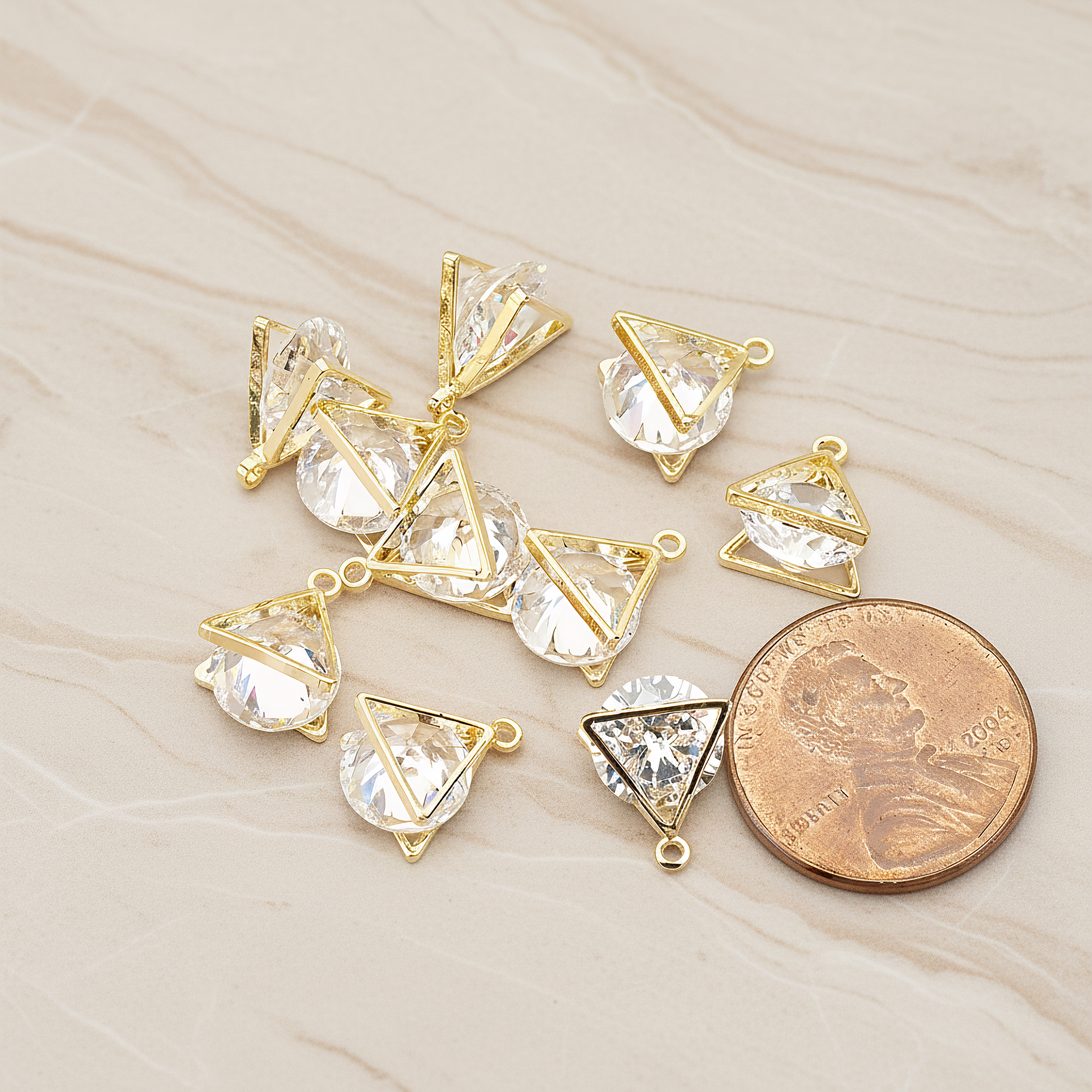 Double Triangle Sandwitch Framed Large Cubic Ziconia Charm Pendant, 2 Pc on warm marble background (PD.1577-02)