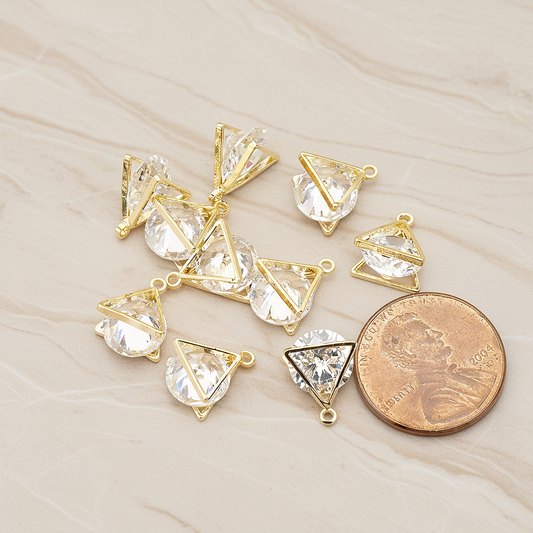 Double Triangle Sandwitch Framed Large Cubic Ziconia Charm Pendant, 2 Pc on warm marble background (PD.1577-02)