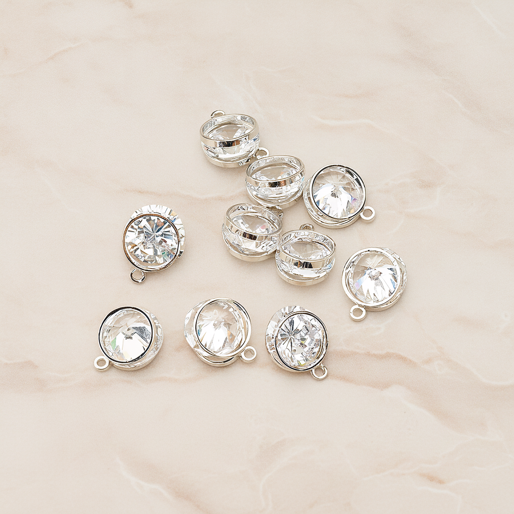 Double Round Sandwitch Framed Cubic Ziconia Charm Pendant, 2 Pc on warm marble background (PD.1578-02)
