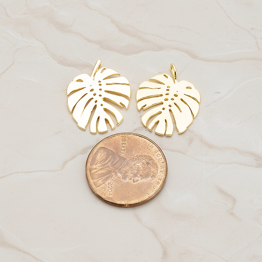 Monstera Leaf Plated Pendant, 2 Pc on warm marble background (PD.1605)