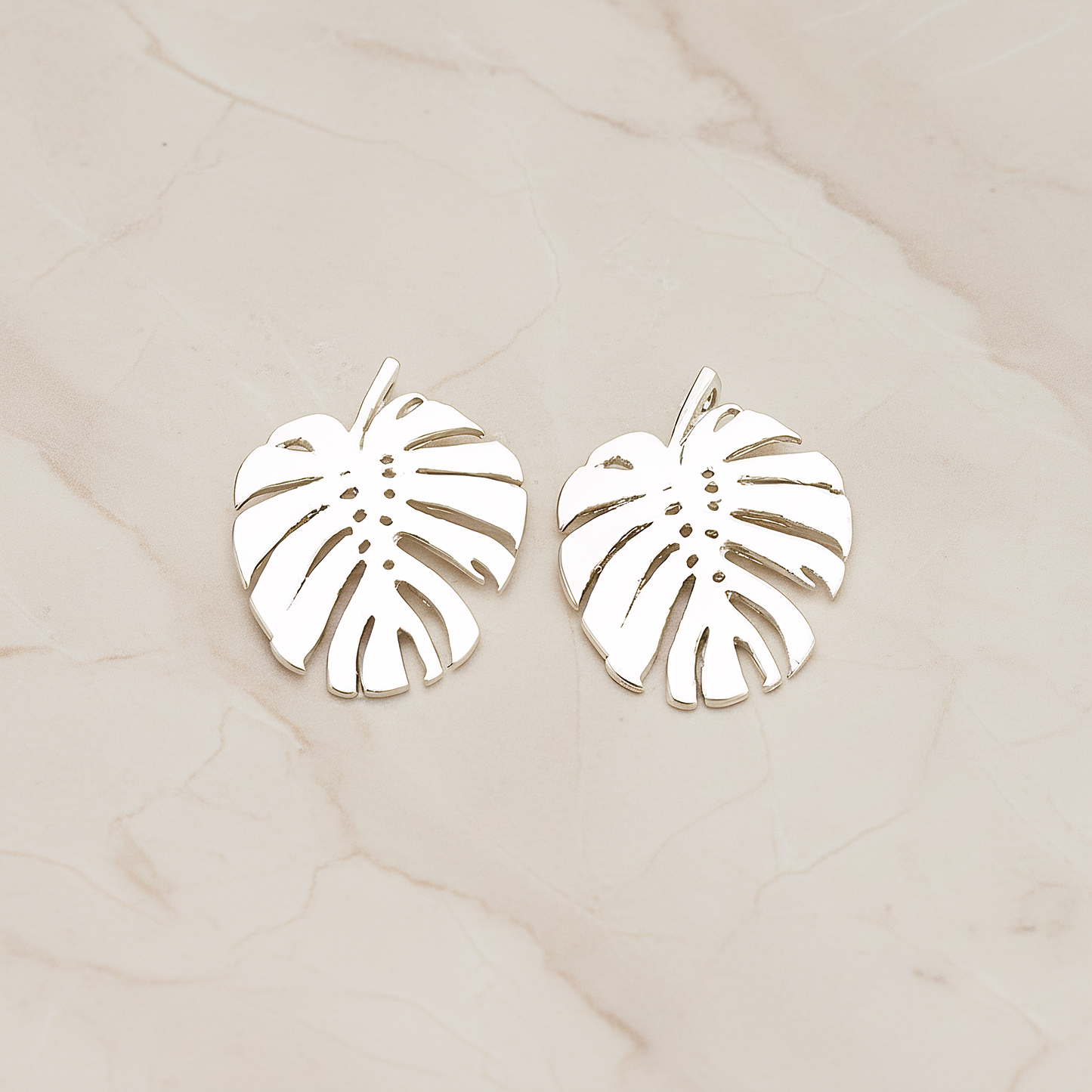 Monstera Leaf Plated Pendant, 2 Pc on warm marble background (PD.1605)