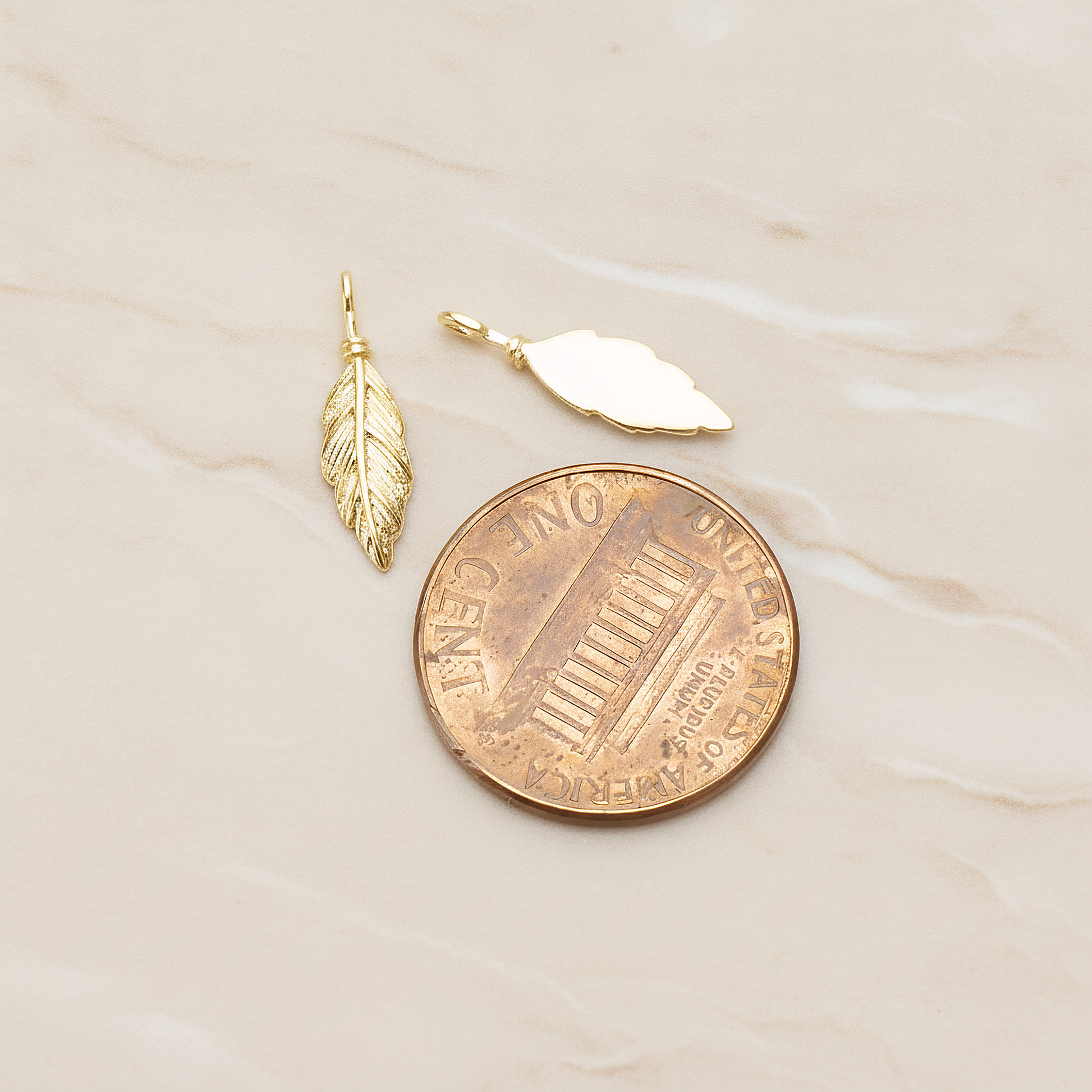 Feather Like Leaf Plated Pendant, 2 Pc on warm marble background (PD.1687)