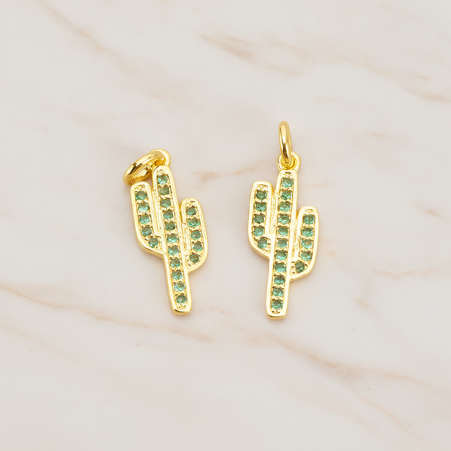 Green Cubic Zirconia Setting Cactus Pendant, 1 Pc on warm marble background (PD.1700)