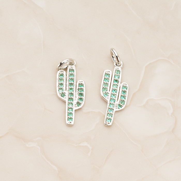 Green Cubic Zirconia Setting Cactus Pendant, 1 Pc on warm marble background (PD.1700)