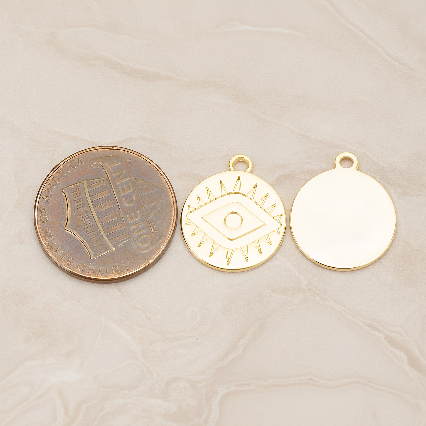 Aztec Eye Symbol in Round Circle Disk Coin Charm Pendant, 2Pc on warm marble background (PD.1749)