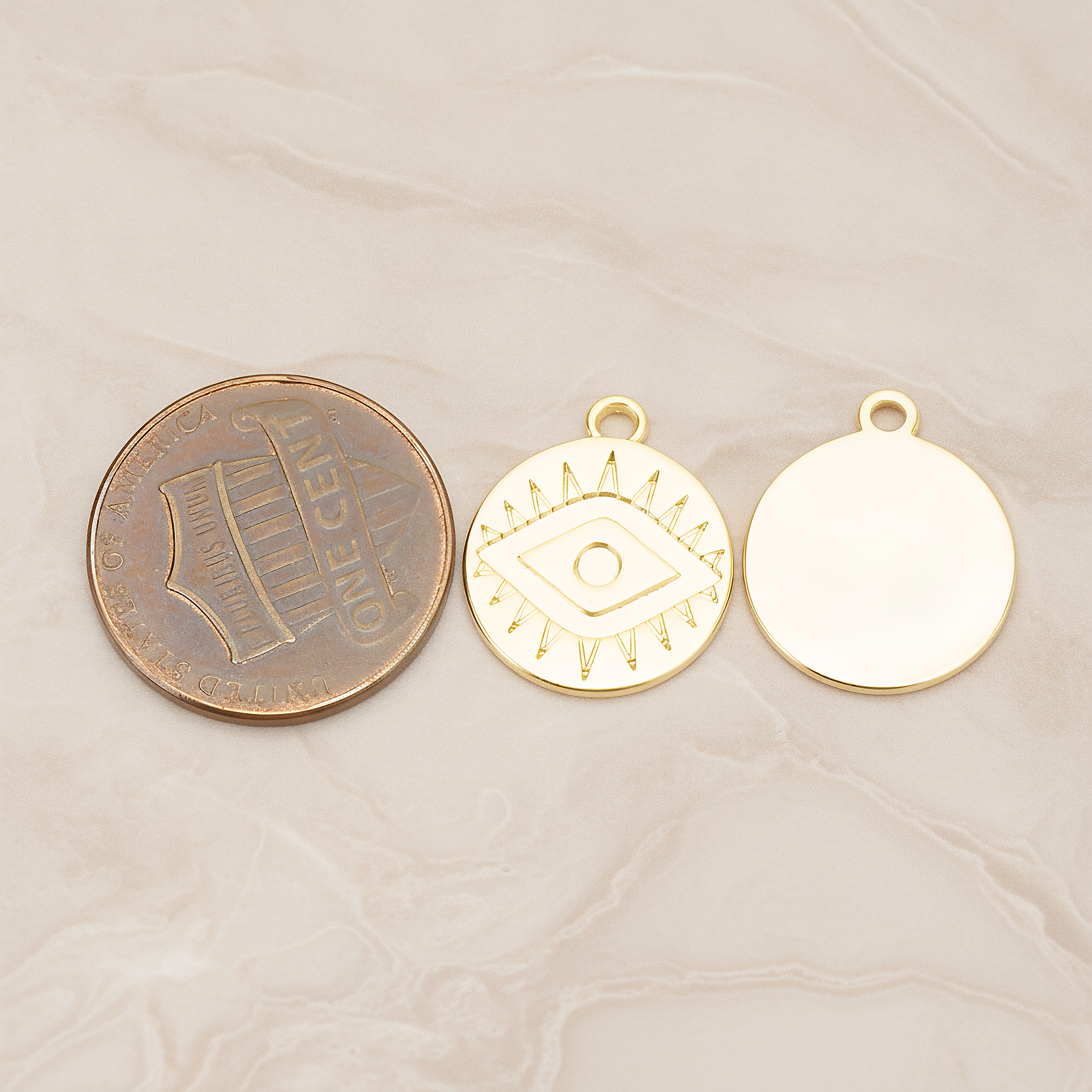 Aztec Eye Symbol in Round Circle Disk Coin Charm Pendant, 2Pc on warm marble background (PD.1749)