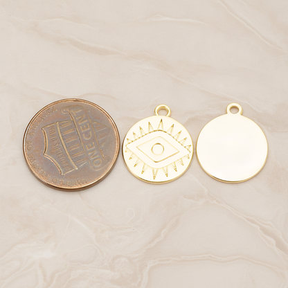 Aztec Eye Symbol in Round Circle Disk Coin Charm Pendant, 2Pc on warm marble background (PD.1749)