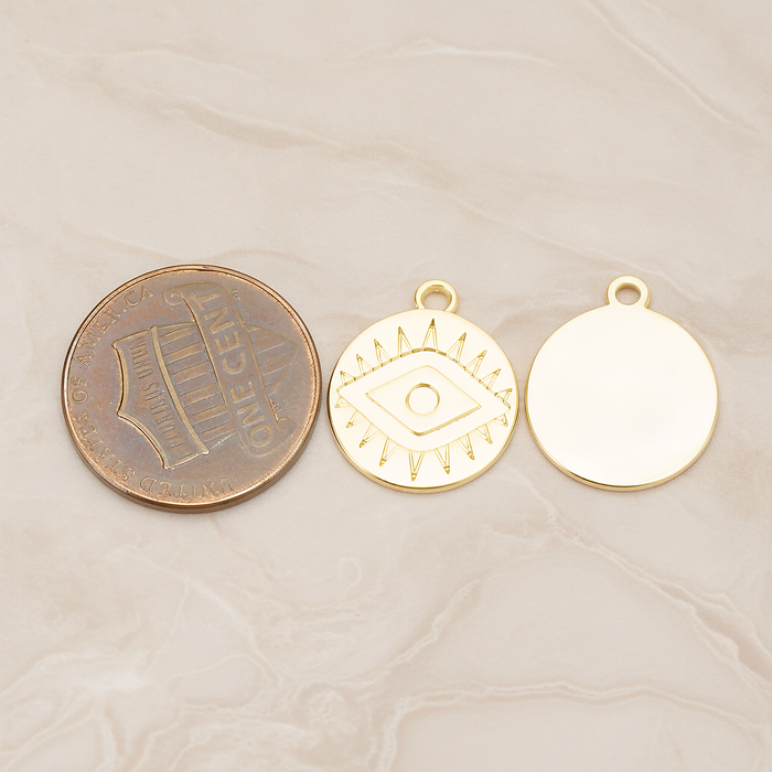 Aztec Eye Symbol in Round Circle Disk Coin Charm Pendant, 2Pc on warm marble background (PD.1749)