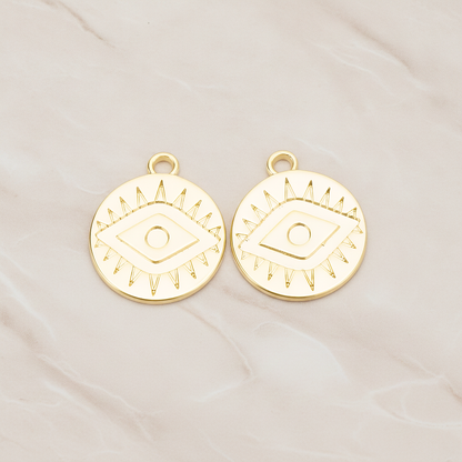 Aztec Eye Symbol in Round Circle Disk Coin Charm Pendant, 2Pc on warm marble background (PD.1749)