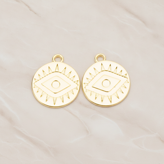Aztec Eye Symbol in Round Circle Disk Coin Charm Pendant, 2Pc on warm marble background (PD.1749)