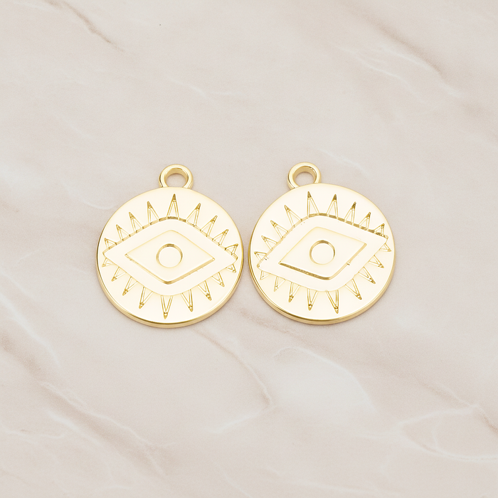 Aztec Eye Symbol in Round Circle Disk Coin Charm Pendant, 2Pc on warm marble background (PD.1749)