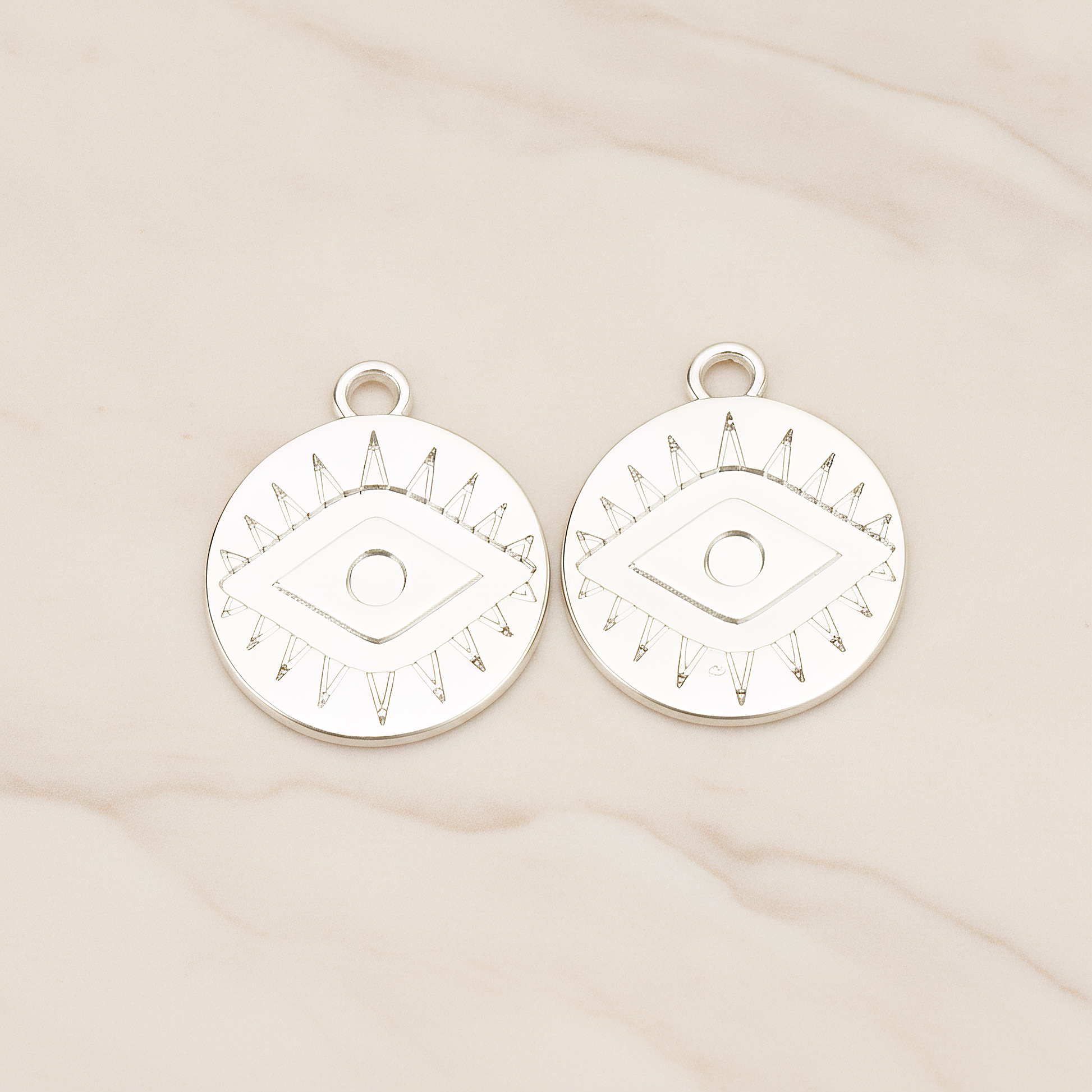 Aztec Eye Symbol in Round Circle Disk Coin Charm Pendant, 2Pc on warm marble background (PD.1749)